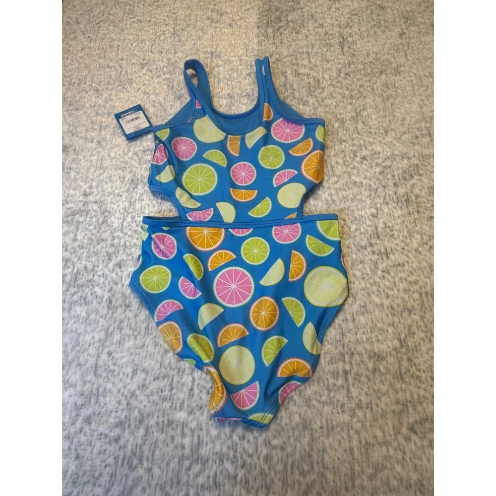 DSG Girls One Piece‎ Swimsuit Cut Outs Citrus Blue Size L Main squeeze nwt